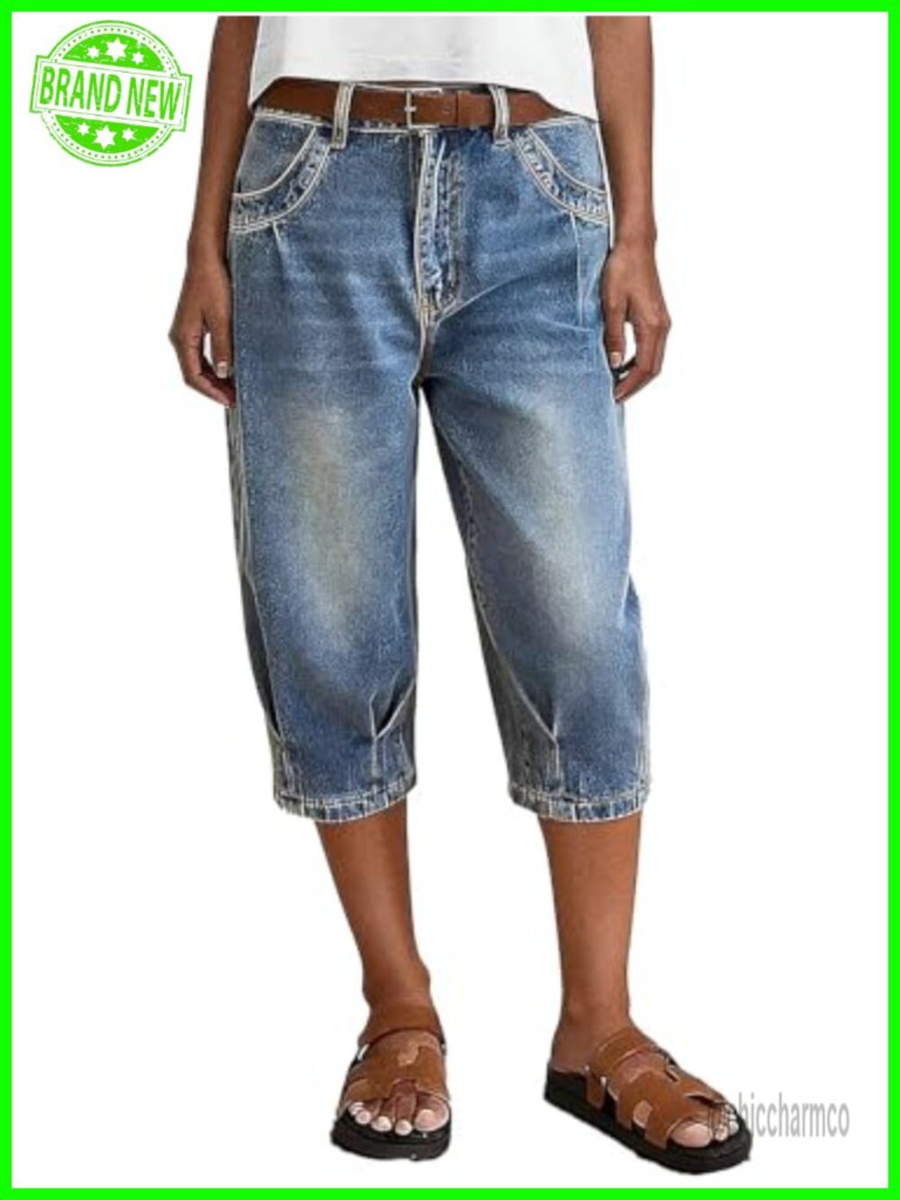 Straight Leg Mid Rise Capri Wash Pleated Trendy Jeans